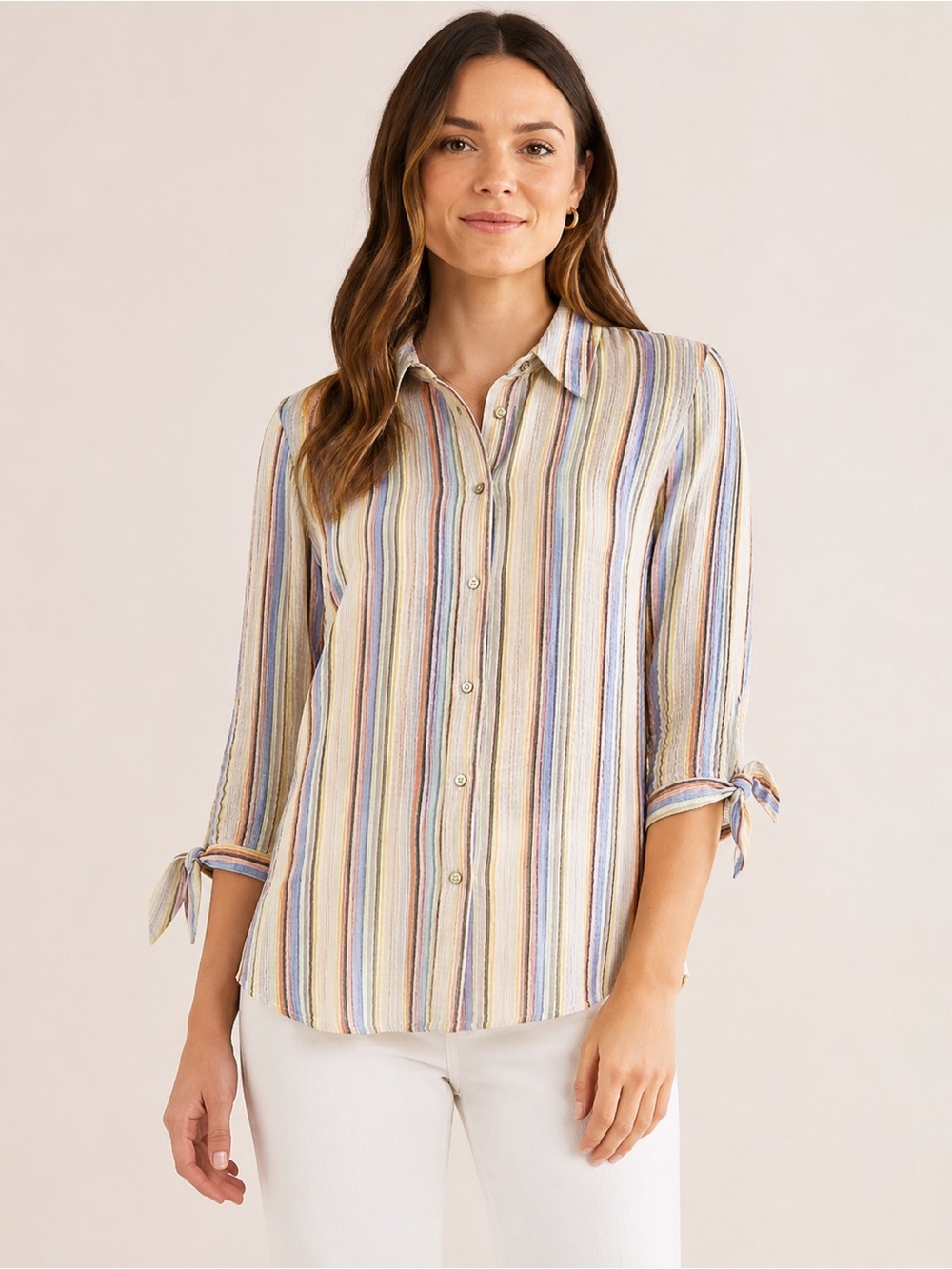 Soft Surroundings Women’s Striped Gauze Cotton Button Up Tie Sleeve Top 2X